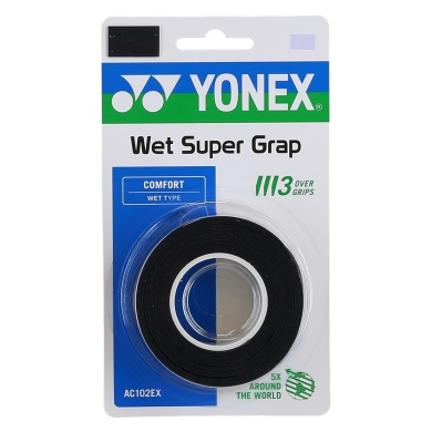 Yonex Overgrip Wet Super Grap 0.6mm (Comfort/smooth/lightly adhesive) black pack of 3